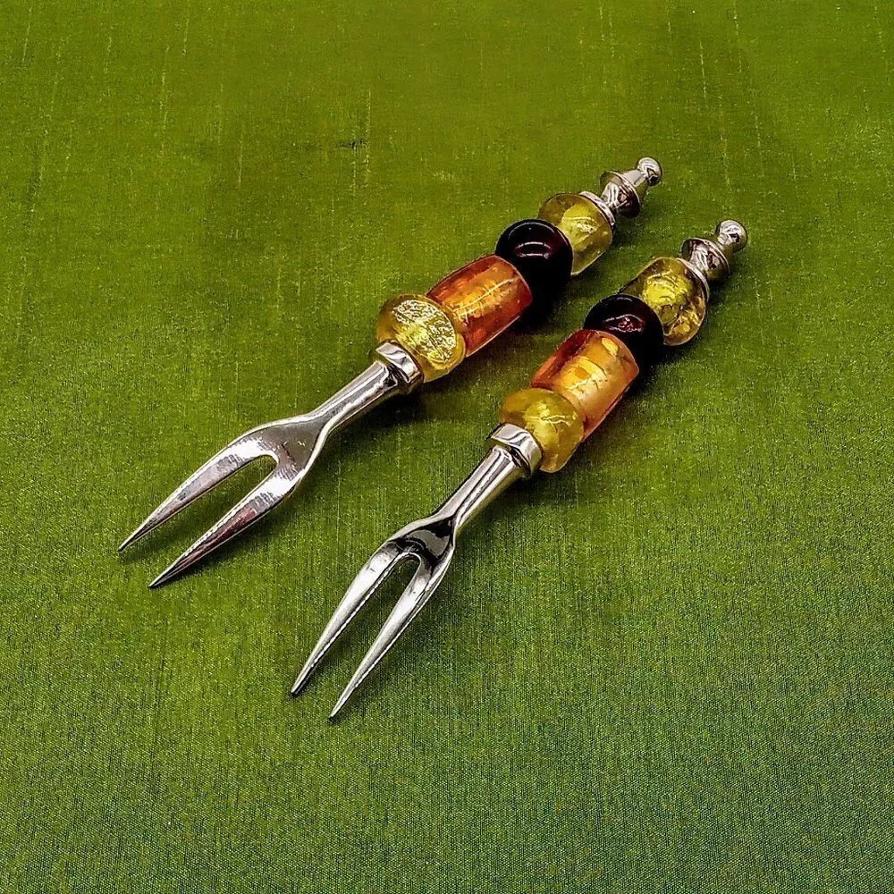 TAG Glass Bead Silver 2-Pc. Appetizer Fork Set NIB